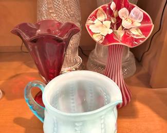 Fenton Art Glass Creamer with  Blue Topaz Overlay, Fenton Floral Hand Painted Red Jack-in-the Pulpit Tulip Vase 