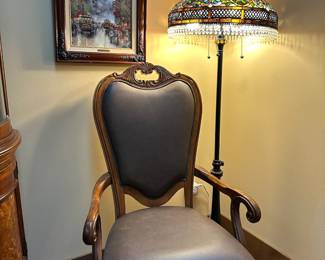 Louis XV Style Arm Chair, Tiffany Style Stained Glass Floor Lamp