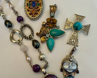 Michael Dawkins Sterling Silver Amethyst and Pearls Necklace, Carolyn Pollack Large Carnelian, Lapis, Turquoise, Citrine, Sterling Silver Brass Pendant, Dream Sterling Silver, Turquoise, Blue Topaz ,Tiger's Eye Pendant, Carolyn Pollack Sterling Silver Roderick Tenorio Turquoise Cross Enhancer Pendant, Sajen Goddess Sterling Pendant