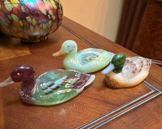 Fenton Glass Hand Painted Iridescent Mallard Duck Figurines