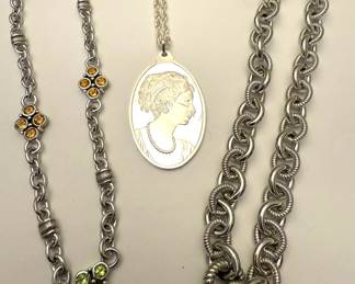 Judith Ripka Gemstone Link Station Necklace, Pamp Suisse Pendant .999 Pure Silver Cameo Lady Necklace, Judith Ripka Sterling Heavy Rolo Chain Cable Link Necklace