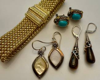 Judith Ripka Verona 14K Gold Clad Sterling Magnetic Clasp Bracelet, Michael Dawkins Sterling Silver Mother of Pearl Dangle Earrings, Sterling and Tiger Eye Dangle Earrings