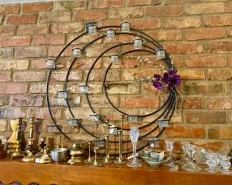 Brass, ceramic, metal, and wood candle sticks and pieces