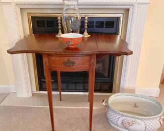Antique Tapered Leg  Heavily Inlaid Pembroke Table;  Porcelain Hand Painted Oval Double Handled Foot Bath 