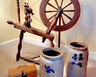 Antique Crocks and Spinning Wheel
