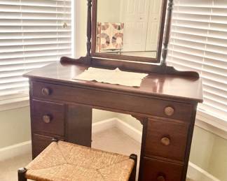 Vintage Dressing Table/Mirror with Antique Rush Seat Bench