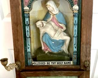 Antique Catholic Oak Framed Last Rite Shadow Box; Mary & Jesus Pieta