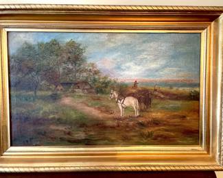 Antique Signed &  Dated Oil on Canvas Horse Landscape in Original Frame