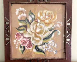 Antique Floral  Watercolor in Pierced Frame