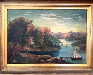 Signed Antique Oil on Canvas Water Scene in Original Period Frame by C. E. Clark, Jr.