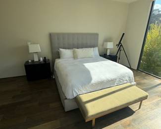 $1500 for the bed, $500 for each side table from Restoration Hardware, $300 each for the Restoration Hardware Lamps