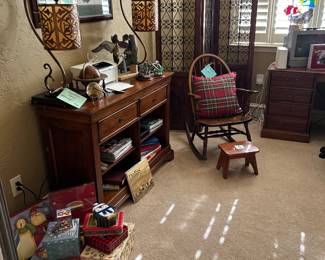 Office furniture, fantastic lamps, divider screen, rocking chair and office printer.