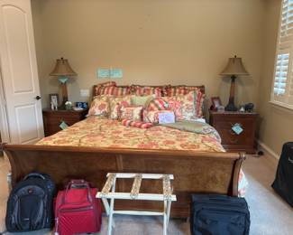 Thomasville burled oak king size sleigh bed. Nectar Mattress and Box Springs. Rose Tree "Summerton" King bedding set. Travel bags, lamps and end tables.