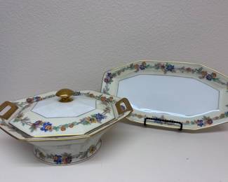Antique Theodore Haviland Octagonal covered serving bowl and platter in the Miami pattern