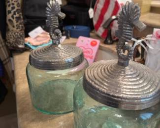 Seaglass jars with decorative pewter lids