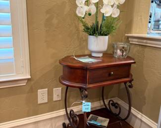 side table wood and iron. silk potted plant