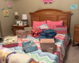 Bedroom furnishings, storage/gift boxes, bedding and feminine decor items 