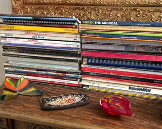 Piano books, vintage purse, heart paper weight, stained glass butterfly