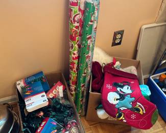 Christmas lights, stockings, paper