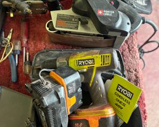 Ryobl drill, bag, batteries, and charger