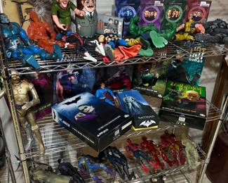 Batman, Disney, and other action figures wire rack shelving and vintage action figures