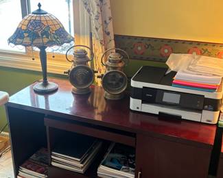 Storage cabinet, printer, automotive books, antique brass car lamps