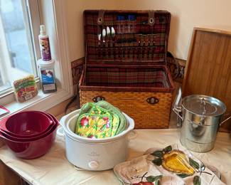 Picnic basket, serving dishes, nesting bowls, crock pot