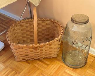 Antique large mason canning jar, basket