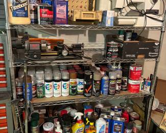 Wire rack shelving, spray paint, cleaning supplies, tools