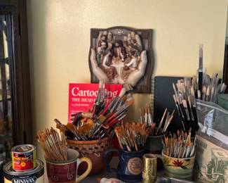 Artist supplies, paint brushes, stain