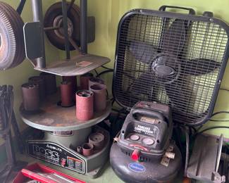 Pancake compressor, fan, socket set, Delta orbital sander