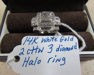 14K 3 Diamond Halo Ring