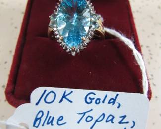 10K Gold, Blue Topaz & Diamond Ring