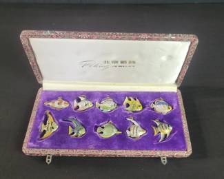 Lot # : 349 - Ten pieces of cloisonne fish pendants with case
