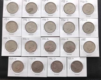 Lot # : 219a - Nineteen Kennedy Half-dollar coins in holders. 
