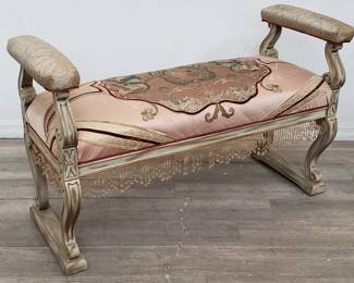 Lot # : 94 - Vintage carved wood bench with silk/satin
