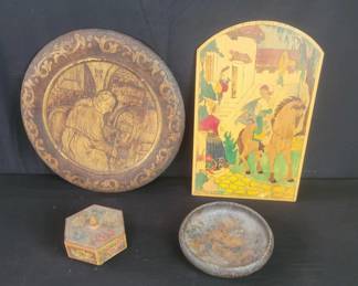 Lot # : 371 - Group of vintage carved wood wall plaque , bowl, and one box
