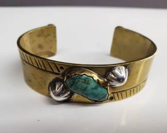 Lot # : 55 - Silver, brass, and turquoise Navajo cuff bracelet
