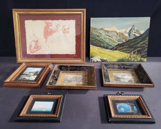Lot # : 515 - Group of artwork pieces oil painting, pastel,
engraving, etc