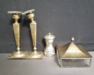 Lot # : 301 - Sterling weighted candle stick as is, sterling & wood pepper grinder, sterling and glass covered bowl
