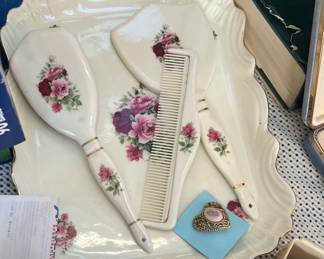 Vintage Porcelain brush, comb, mirror and tray set 