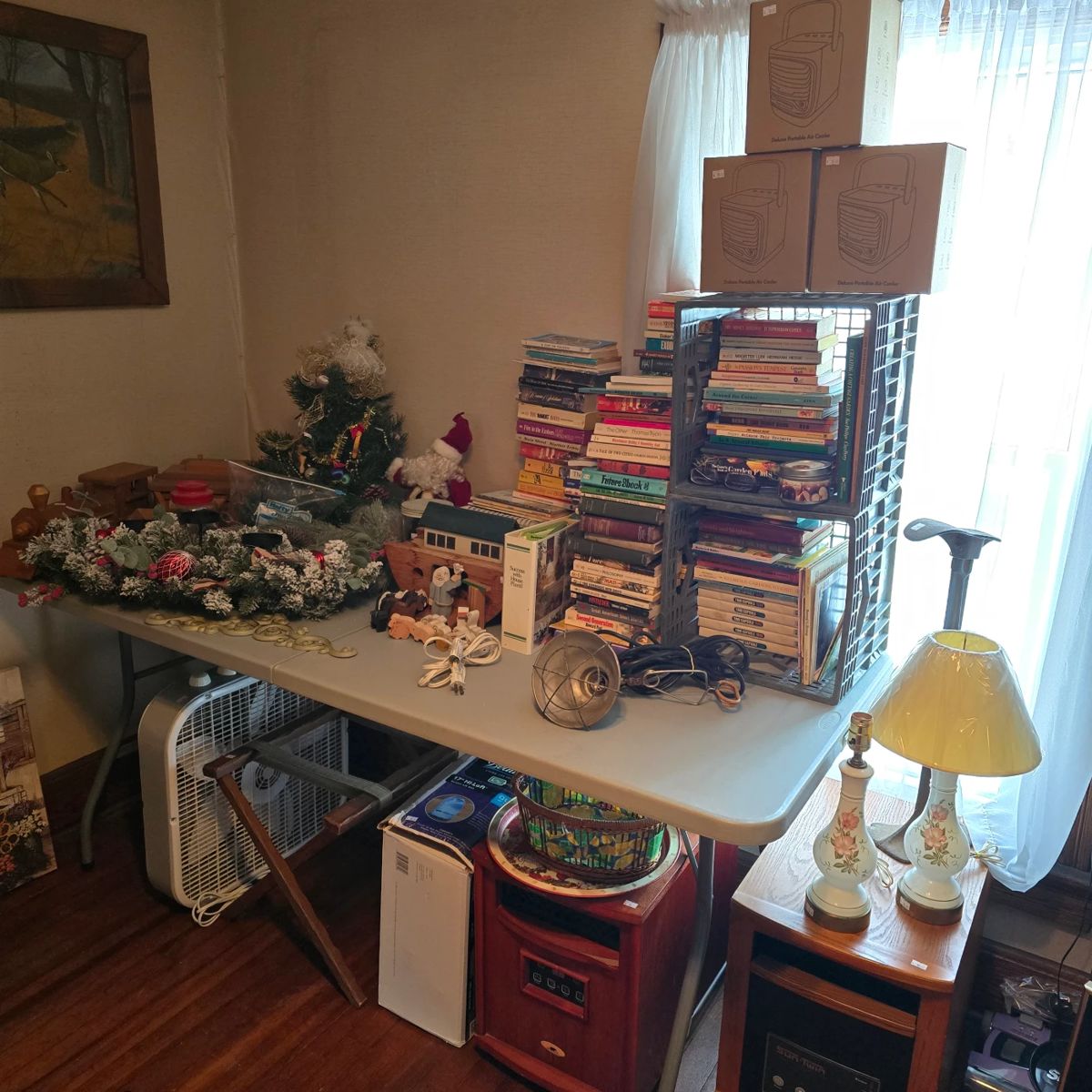 Heaters, Lamps, Books, Fans, Luggage Racks, Queen Blow-Up Mattress, Wooden Toys & Christmas Decor