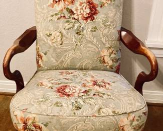 Vintage Open Arm Chair. Floral Upholstery.