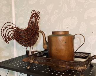 Vintage Rustic Farmhouse Metal Sculpture Rooster Statue. Vintage Copper Teapot.