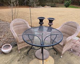 Wrought iron table, all weather wicker chairs 