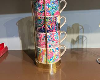 Lilly Pulitzer 4 Stackable Coffee Espresso Tea Cups In Gold Toned Caddy Stand- $30