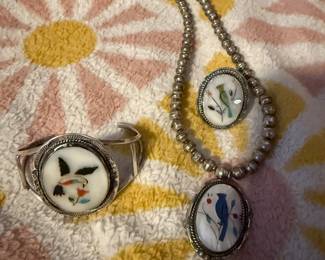 Zuni Hummingbird Bracelet, Blue Bird Necklace & Ring