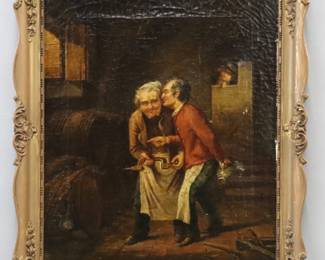 A late 19th century European oil on canvas genre scene.  Depicts an interior scene with two thieves preparing to stealing  wine from barrels while a third man peeks in a doorway behind them.  Illegibly signed and dated "1868" verso, possibly "C. Pajewski" (n.d.).  Some repairs and in-painting, craquelure and some surface grunge, some flakes to paint particularly along edges.  Image 15 1/2 x 18 3/4" high, in a re-painted wood frame with some wear.