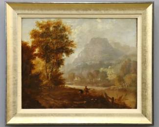 A 19th century oil on canvas landscape in the manner of John Chrome, English, 1768-1821.  Depicts figures fishing at a river with mountains in the distance.  Unsigned, sales note verso attributing work to "Circle of John Chrome".  Canvas lined and revarnished, craquelure and some surface grunge.  Image 17 x 13 1/2" high, in a contemporary frame with gold finish, 22 x 18 1/4" high overall. 