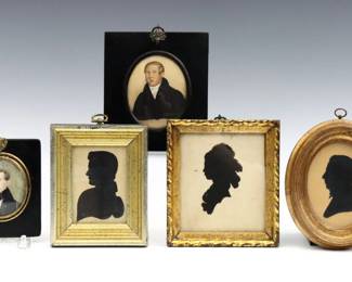 Five 19th century miniature silhouettes and portraits.  Includes three cut silhouettes of two men and a woman, and two painted portraits of men, one oil on antique ivory and the other gouache on paper.  Paper with toning and foxing, ivory portrait cracked.  Images up to 4 1/2" high, in various wooden frames with wear and damage, up to 5 3/4" high.  
